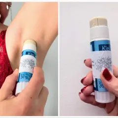 Aplikacja domowego antyperspirantu pod pachę. Produkt w sztyfcie, z etykietą "Klei" i grafiką.