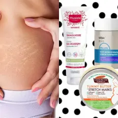 Skóra z widocznymi rozstępami, obok kosmetyki: krem Mustela, tołpa. mum. oraz Palmer's Tummy Butter – wszystko to maść na rozstępy.