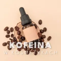 Kofeina w kosmetykach: buteleczka z pipetką i ziarna kawy, sugerujące pielęgnację włosów.