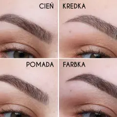 Porównanie efektów: jak malować brwi cieniem, kredką, pomadą i farbką. Każda metoda daje inny rezultat.