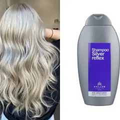 Efekt po użyciu fioletowego szamponu: piękne, lśniące blond włosy. Obok butelka szamponu Kallos Silver Reflex.