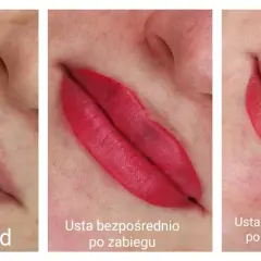Trzy etapy gojenia ust po makijażu permanentnym: przed zabiegiem, bezpośrednio po i 4 godziny po. Widoczna zmiana koloru i opuchlizny.
