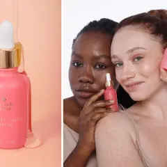 Dwie kobiety trzymają różowe serum z niacynamidem. Produkt zawiera 5% niacynamidu, który może wywołać łagodne niacynamid skutki uboczne.