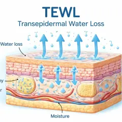 Ilustracja pokazuje TEWL (Transepidermal Water Loss) – utratę wody przez skórę. Strzałki wskazują parowanie wody z naskórka, co świadczy o jego nawodnieniu.