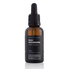 Butelka z kroplomierzem, zawierająca olej makadamia 100% Organic. Idealny do olejowania włosów na sucho.