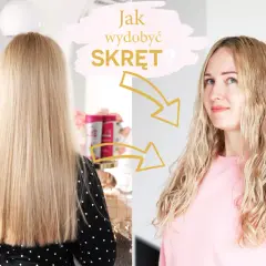 Blond włosy przed i po: jak wydobyć skręt? Strzałki pokazują transformację od prostych do falowanych.