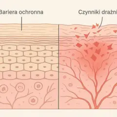 Zdrowa bariera skórna po lewej, po prawej uszkodzona przez czynniki drażniące. Kosmetyki dla alergików pomagają odbudować barierę.