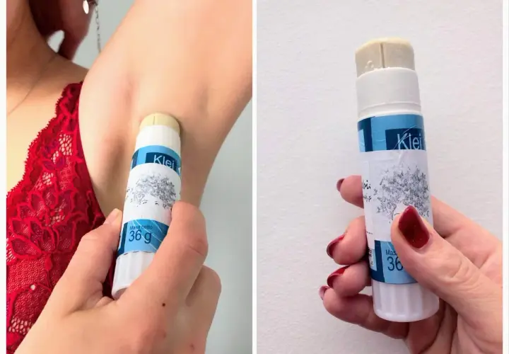Aplikacja domowego antyperspirantu pod pachę. Produkt w sztyfcie, z etykietą "Klei" i grafiką.