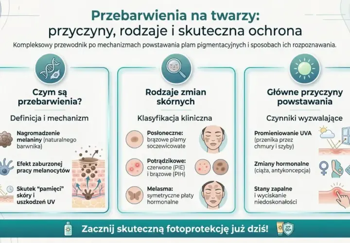 Przewodnik po przebarwieniach na twarzy: przyczyny, rodzaje zmian skórnych (posłoneczne, potrądzikowe, melasma) i skuteczne metody ochrony.