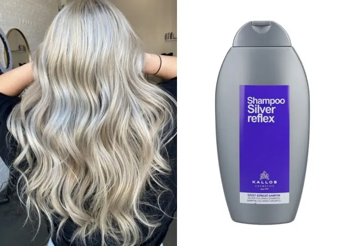 Efekt po użyciu fioletowego szamponu: piękne, lśniące blond włosy. Obok butelka szamponu Kallos Silver Reflex.