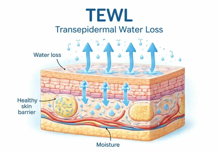 Ilustracja pokazuje TEWL (Transepidermal Water Loss) – utratę wody przez skórę. Strzałki wskazują parowanie wody z naskórka, co świadczy o jego nawodnieniu.