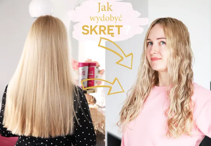Blond włosy przed i po: jak wydobyć skręt? Strzałki pokazują transformację od prostych do falowanych.