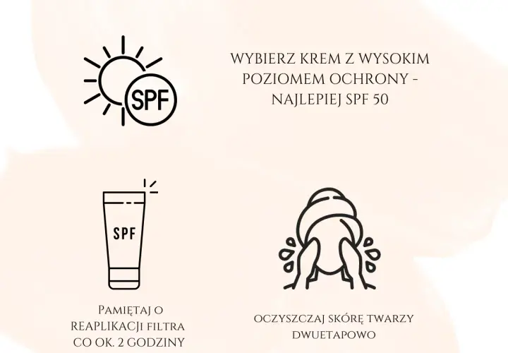 Wybierz krem z wysokim SPF 50. Pamiętaj o reaplikacji filtra co 2 godziny. Oczyszczaj skórę twarzy dwuetapowo.