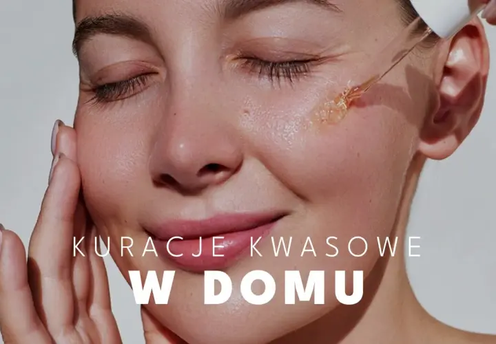 Kropla serum z kwasami na policzku. Kuracje kwasowe w domu dla pięknej cery.