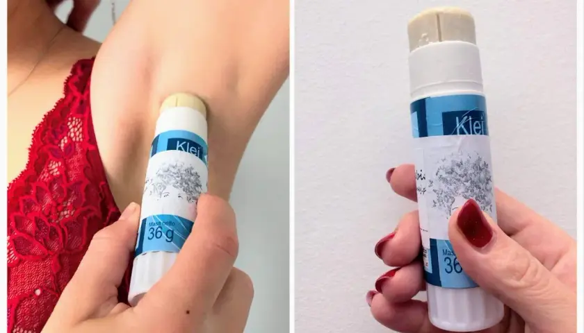 Aplikacja domowego antyperspirantu pod pachę. Produkt w sztyfcie, z etykietą "Klei" i grafiką.