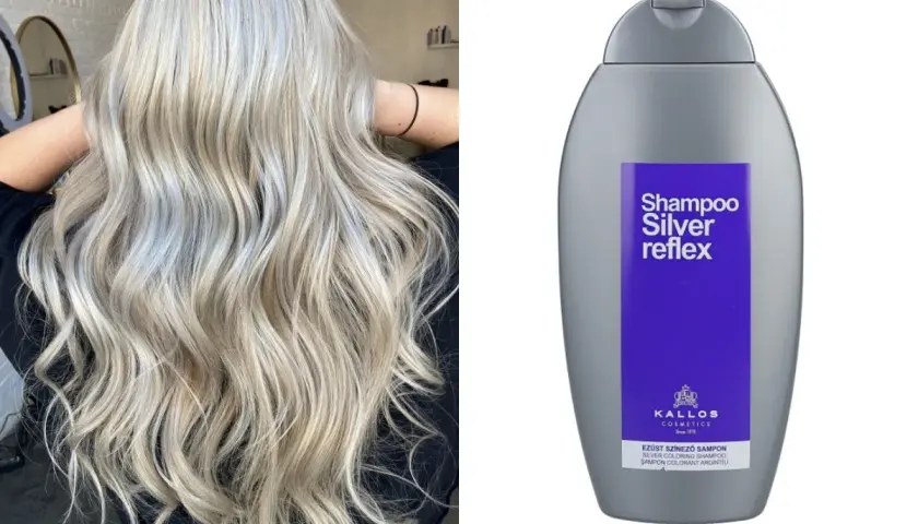 Efekt po użyciu fioletowego szamponu: piękne, lśniące blond włosy. Obok butelka szamponu Kallos Silver Reflex.