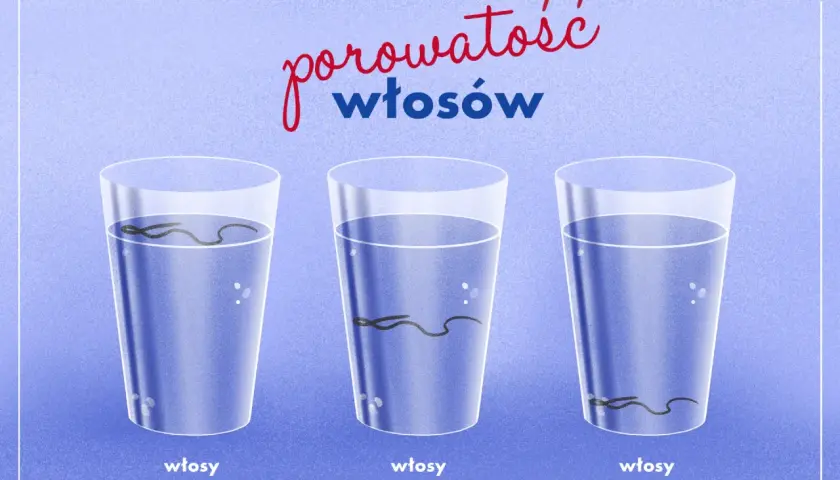 Test na porowatość włosów: włosy niskoporowate unoszą się, średnioporowate toną powoli, a wysokoporowate szybko opadają na dno.