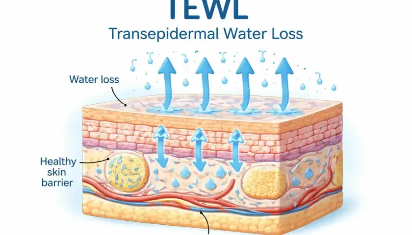 Ilustracja pokazuje TEWL (Transepidermal Water Loss) – utratę wody przez skórę. Strzałki wskazują parowanie wody z naskórka, co świadczy o jego nawodnieniu.