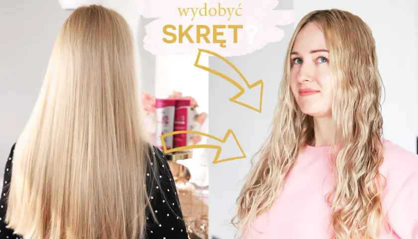 Blond włosy przed i po: jak wydobyć skręt? Strzałki pokazują transformację od prostych do falowanych.