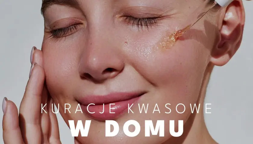 Kropla serum z kwasami na policzku. Kuracje kwasowe w domu dla pięknej cery.