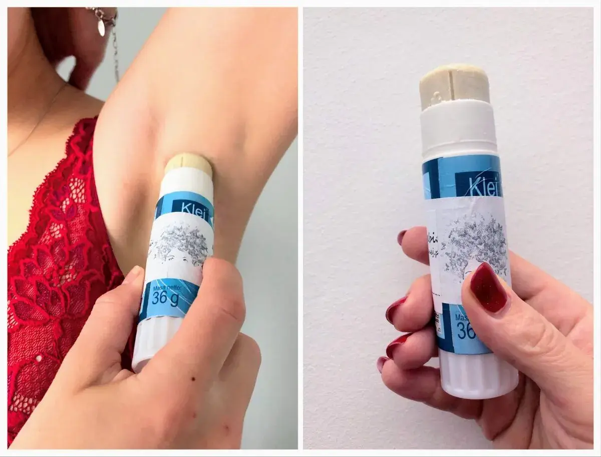 Aplikacja domowego antyperspirantu pod pachę. Produkt w sztyfcie, z etykietą "Klei" i grafiką.