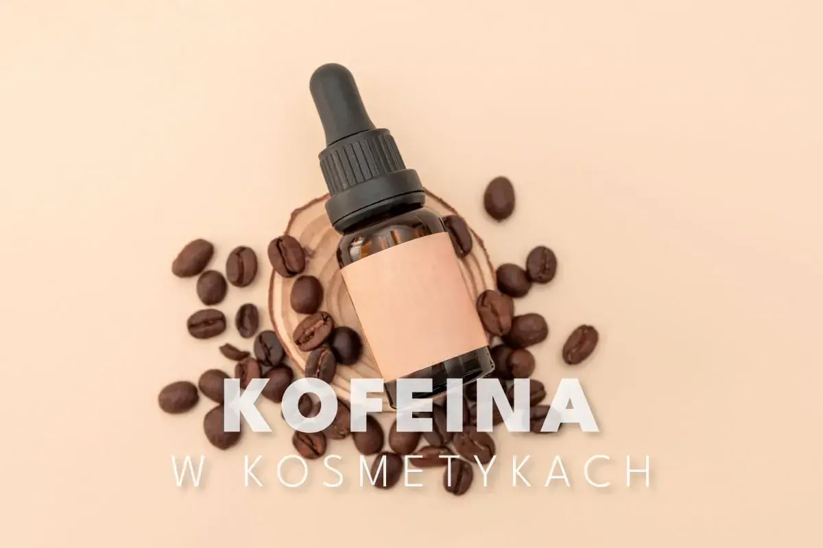 Kofeina w kosmetykach: buteleczka z pipetką i ziarna kawy, sugerujące pielęgnację włosów.