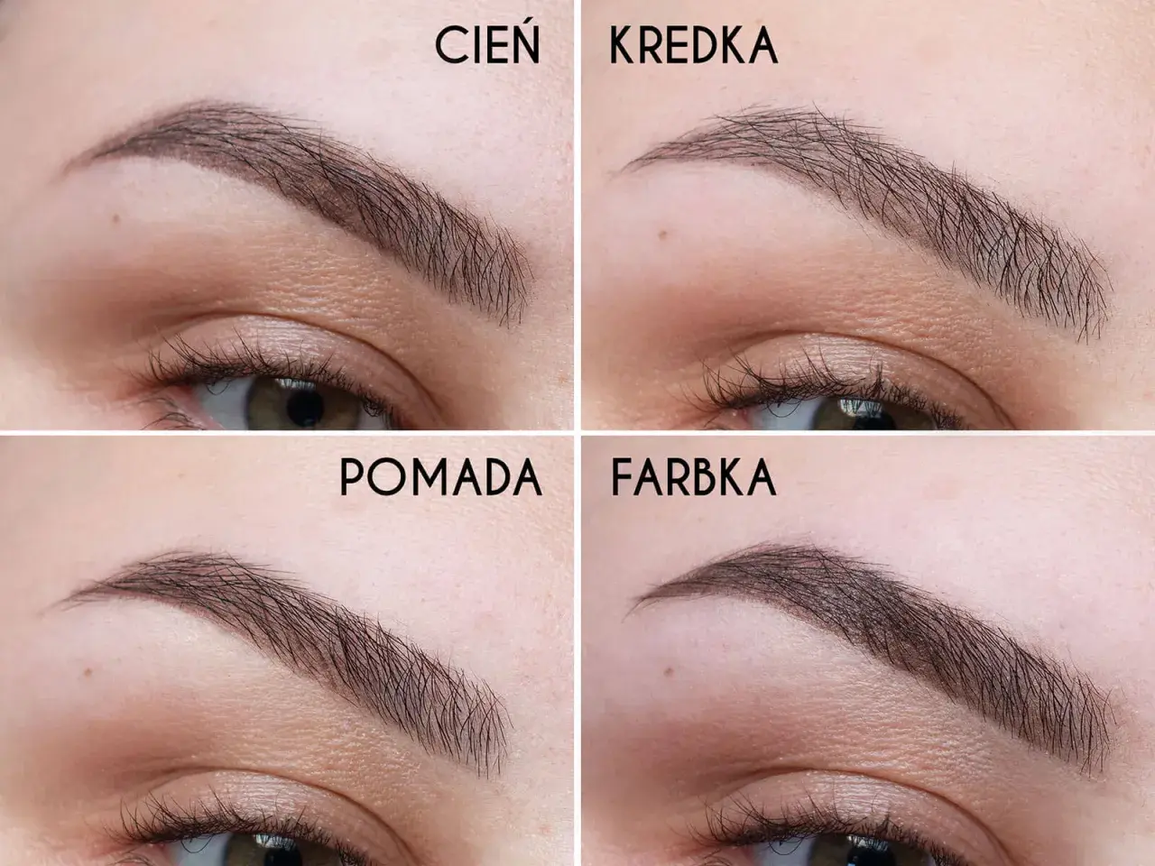 Porównanie efektów: jak malować brwi cieniem, kredką, pomadą i farbką. Każda metoda daje inny rezultat.