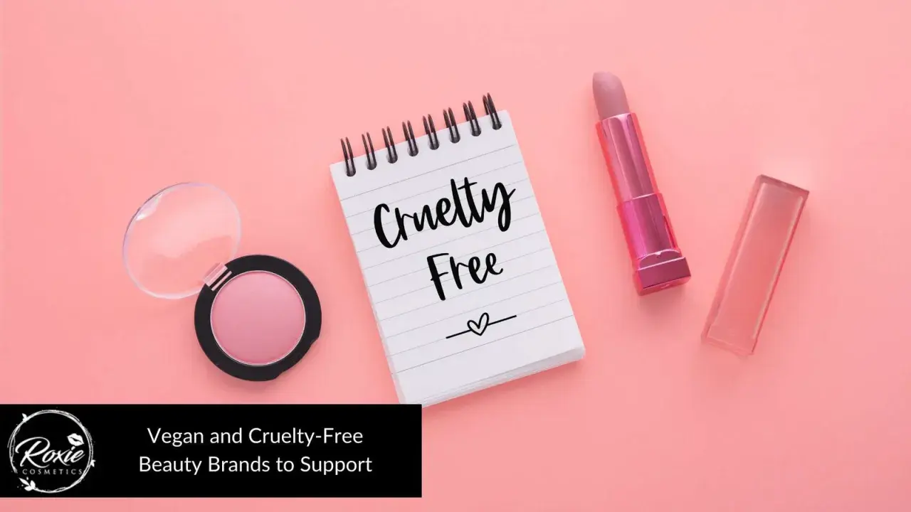 Różowy róż, błyszczyk i szminka na pastelowym tle. Notatnik z napisem "Cruelty Free" podkreśla, że to kosmetyki nietestowane na zwierzętach.