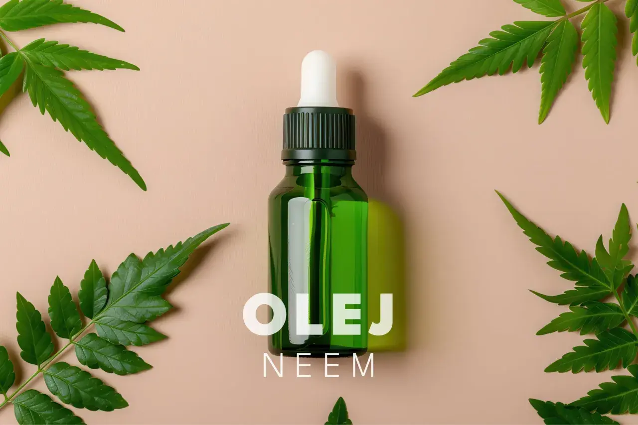 Olej neem na twarz jak stosować? Zobacz, jak naturalne składniki mogą odmienić Twoją skórę. Butelka z pipetą i liście drzewa neem.