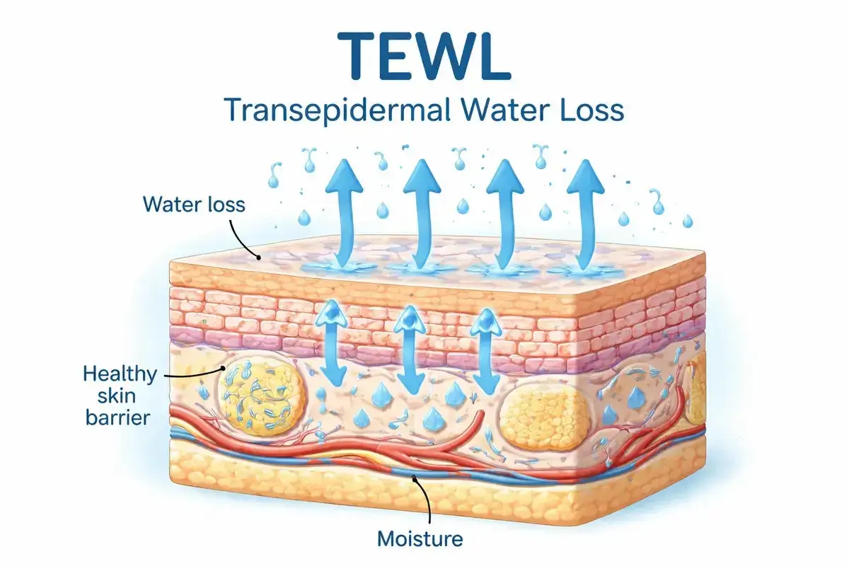 Ilustracja pokazuje TEWL (Transepidermal Water Loss) – utratę wody przez skórę. Strzałki wskazują parowanie wody z naskórka, co świadczy o jego nawodnieniu.