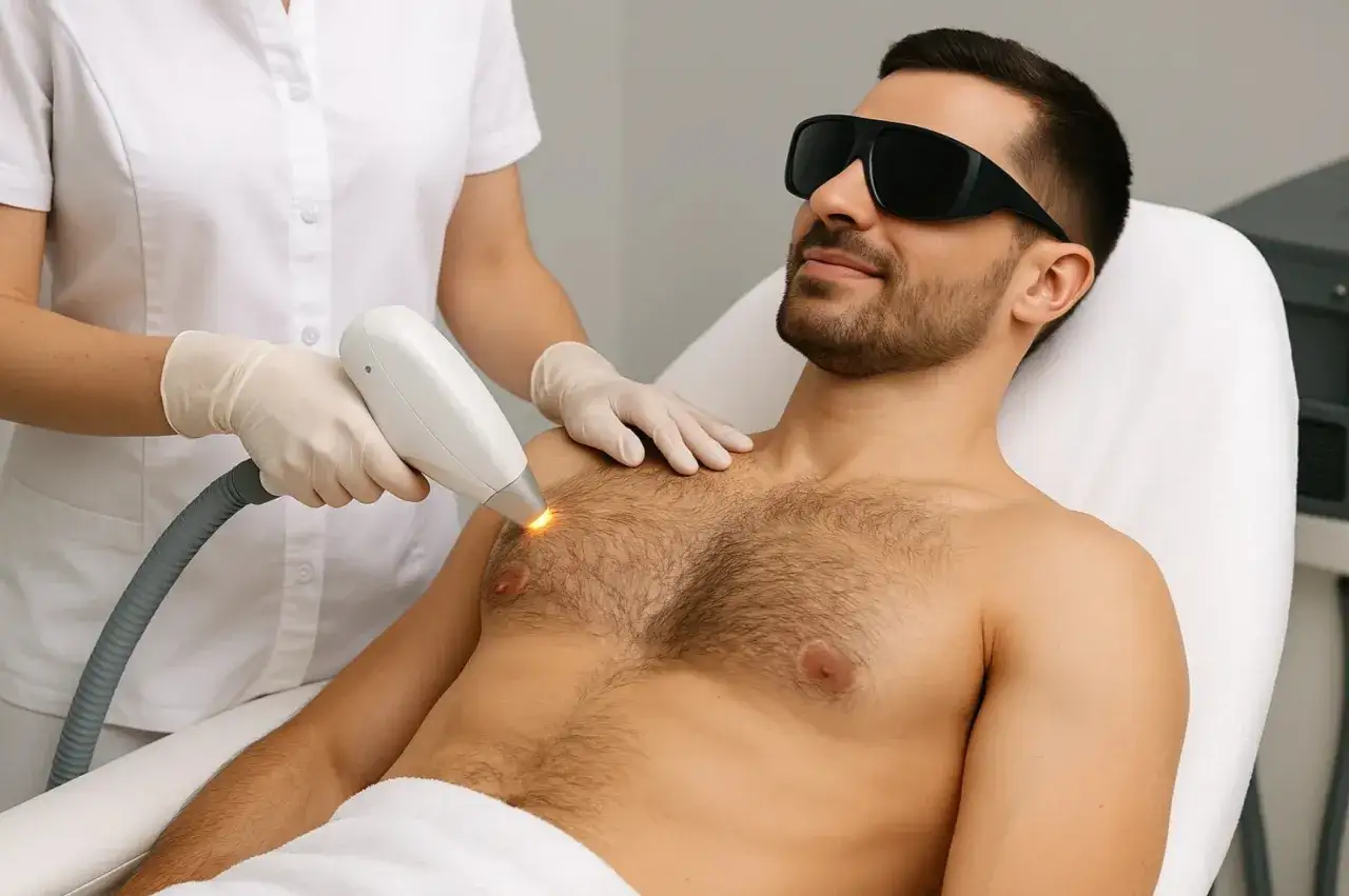 Mężczyzna w okularach ochronnych przechodzi zabieg depilacji laserowej klatki piersiowej. Specjalistka w rękawiczkach trzyma urządzenie emitujące światło.