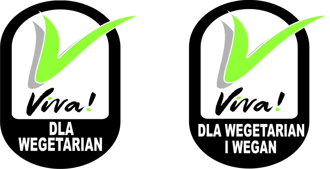Dwa logotypy Viva! z zielonym haczykiem, oznaczające kosmetyki nietestowane na zwierzętach, dla wegetarian i wegan.