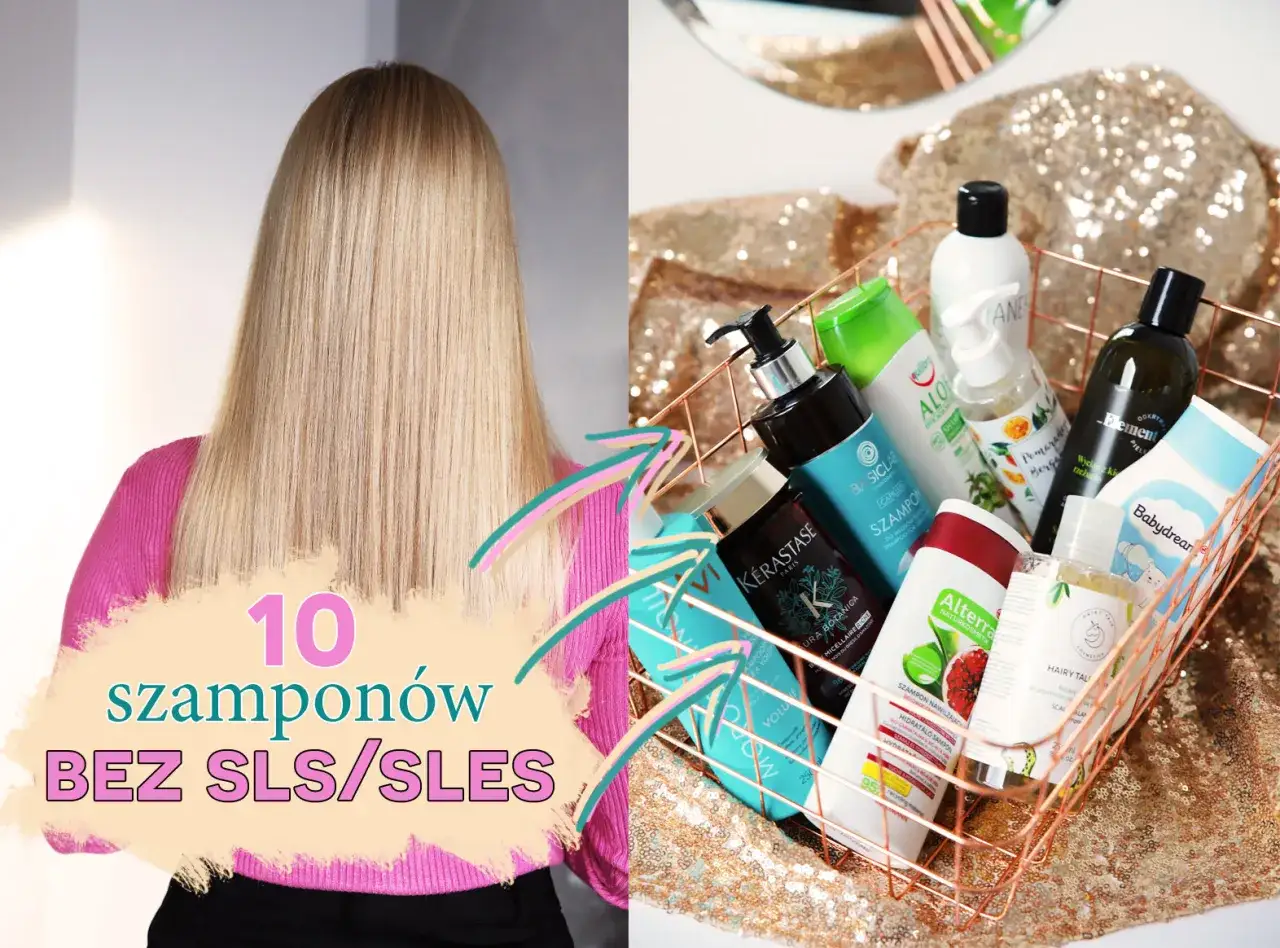 10 szamponów bez SLS/SLES w koszyku, obok pięknych, blond włosów. Idealne dla wrażliwej skóry głowy.